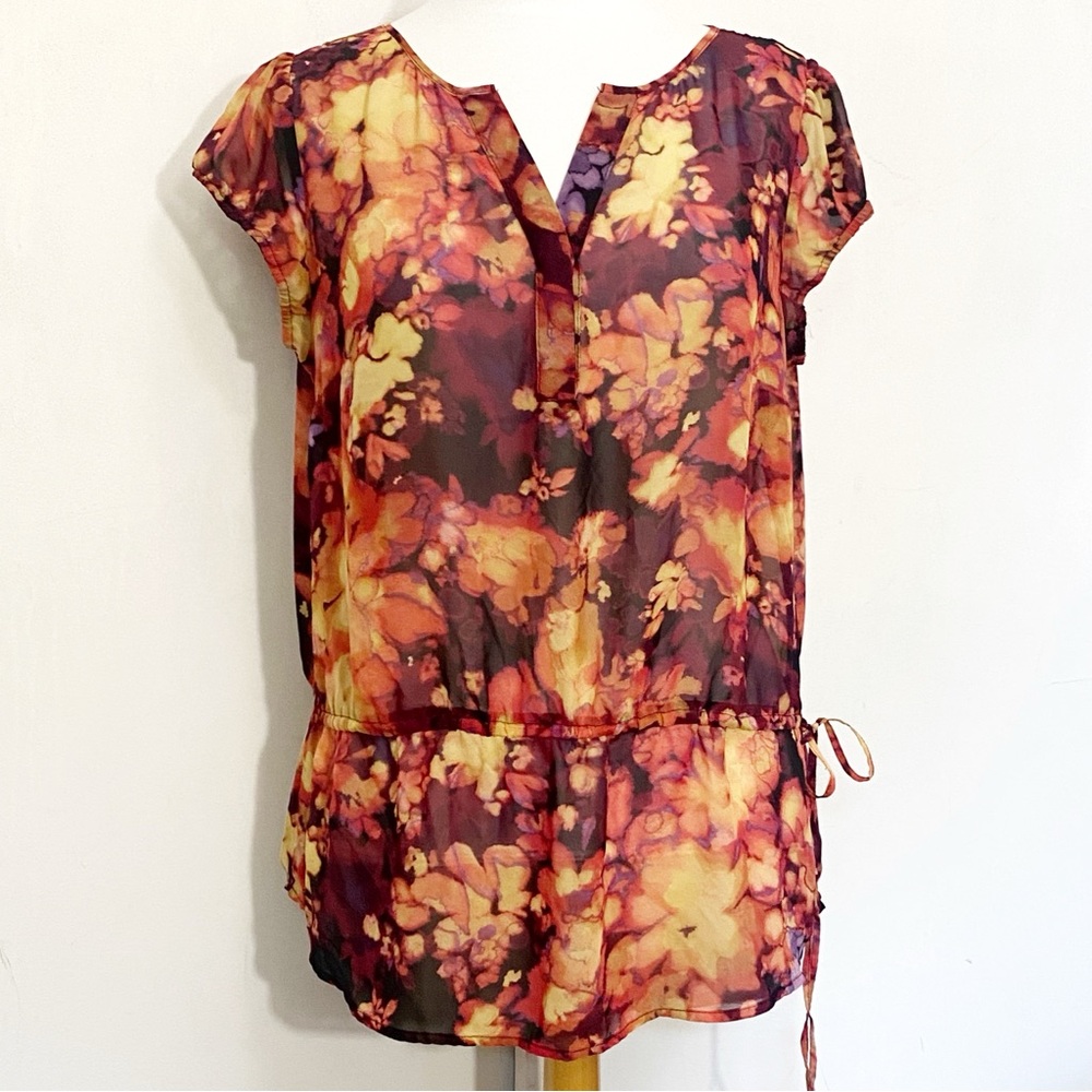 A.n.a. Watercolor Dark Floral Print Sheer Women's Short Puffed Sleeve Top L
